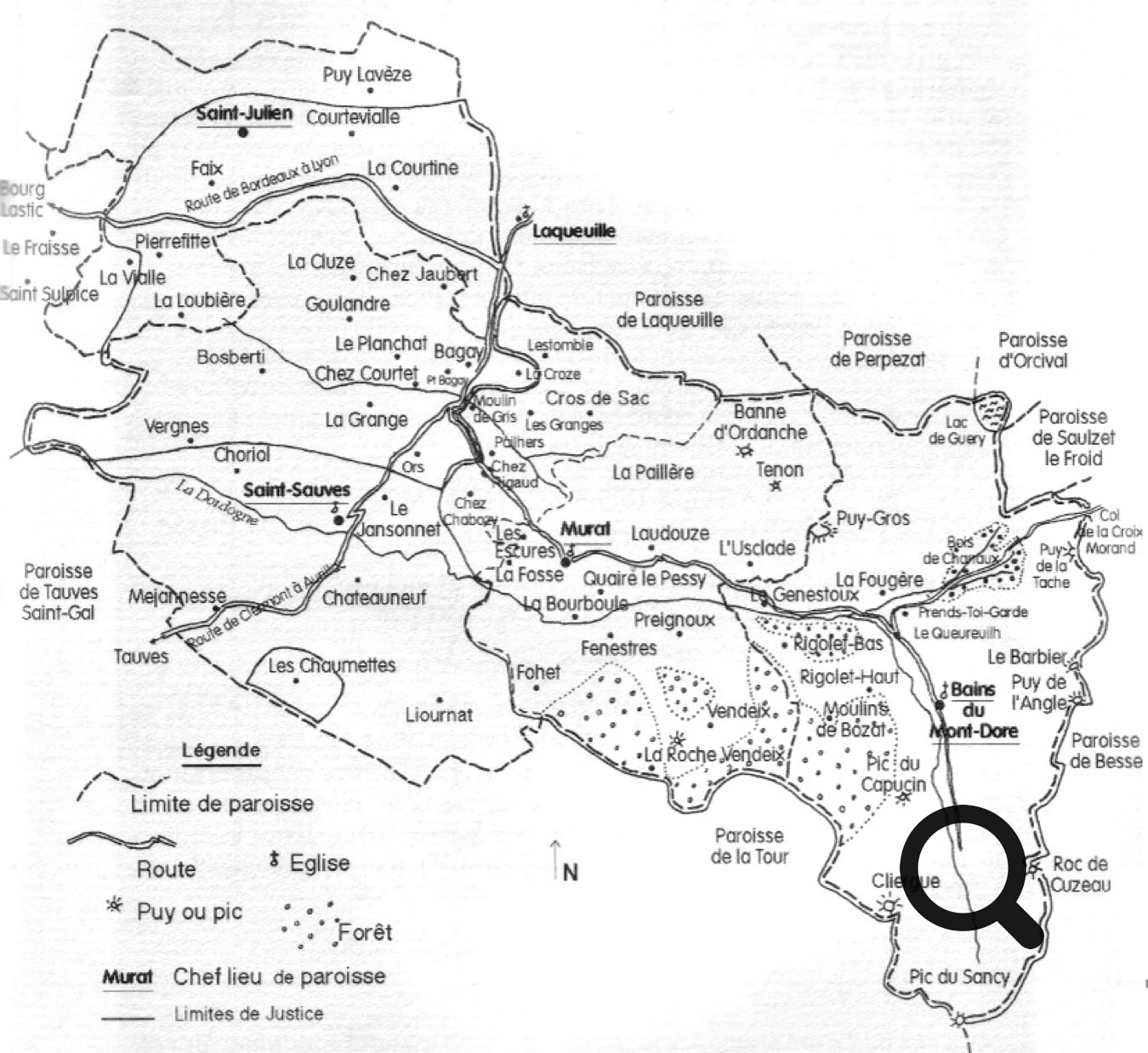 Carte en noir et blanc montrant des frontières, des routes et des noms de lieux dans une région.
