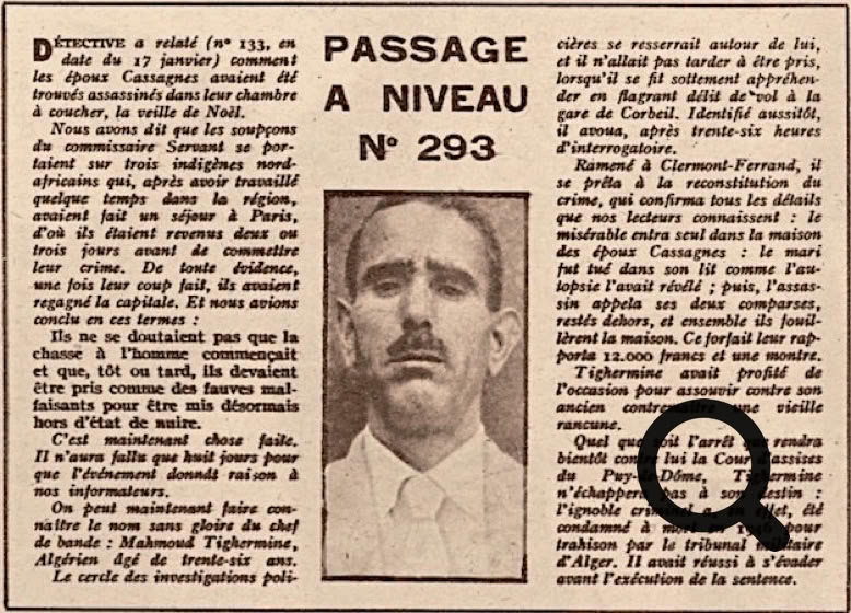 Vieil article de journal avec une photo en noir et blanc de de Mahmoud TIGHERMINE au centre, entouré de texte en colonnes.