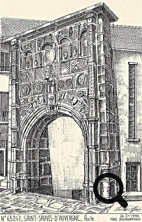 Gravure d'une porte architecturale ornée de motifs détaillés, encadrée par des bâtiments.