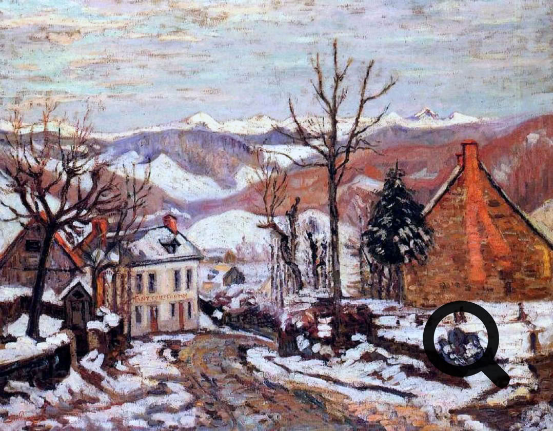 Peinture d'un paysage hivernal avec des maisons, des arbres dénudés, une route enneigée et des montagnes en arrière-plan.