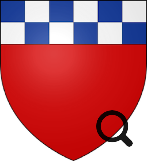 Blason rouge avec une bordure supérieure composée de carrés alternés bleus et blancs.