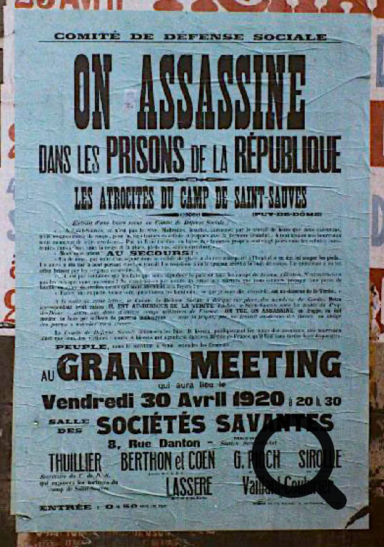Affiche bleue avec du texte en noir et rouge annonçant un grand meeting le vendredi 30 avril 1920, organisé par le Comité de Défense Sociale.