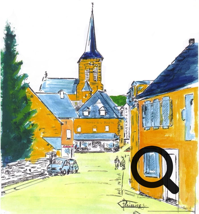 Illustration d'un village avec des maisons jaunes, une église avec un clocher au centre, et une voiture garée à gauche.