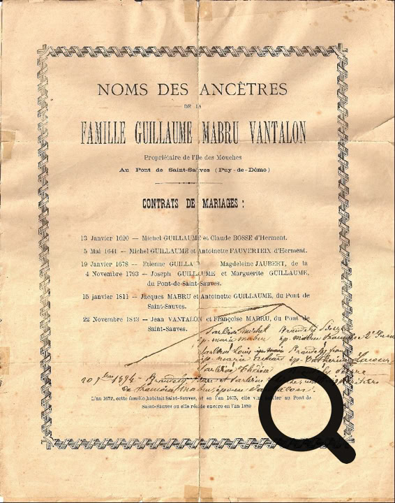 Document ancien avec texte en français, encadré par une bordure décorative, mentionnant des noms d'ancêtres de la famille Guillaume Marie Vantalon, avec des détails manuscrits en bas.