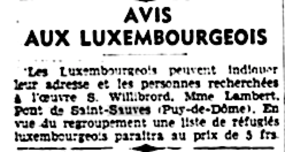 Texte en noir et blanc indiquant un avis aux Luxembourgeois avec des instructions pour indiquer leur adresse et les personnes recherchées, mentionnant Mme Lambert et une liste de réfugiés.