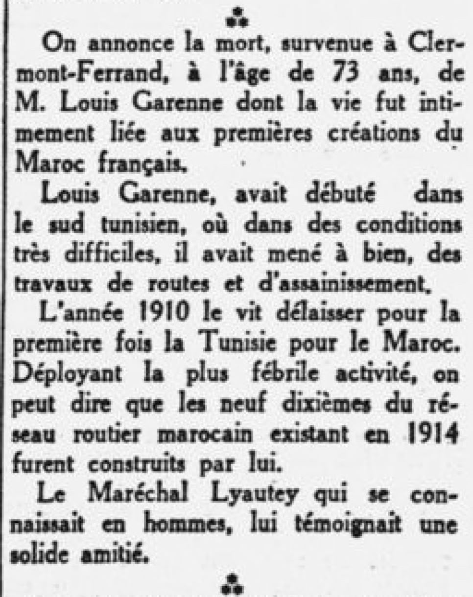 Texte en noir et blanc annonçant le décès de Louis Garenne, mentionnant son travail en Tunisie et au Maroc, et une référence au Maréchal Lyautey.