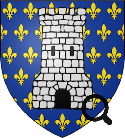 Blason avec une tour en pierre blanche sur fond bleu semé de fleurs de lys dorées.