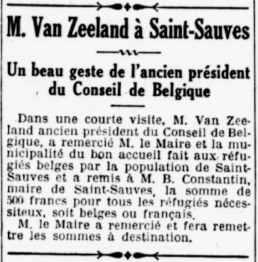 Article de journal en noir et blanc avec le titre "M. Van Zeeland à Saint-Sauves" et un texte décrivant une visite et un don de 500 francs pour les réfugiés belges.
