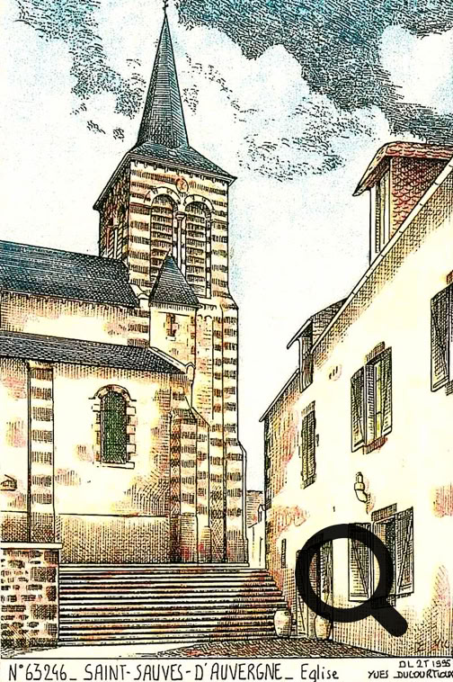 Illustration d'une église avec un clocher et des bâtiments adjacents sous un ciel nuageux.