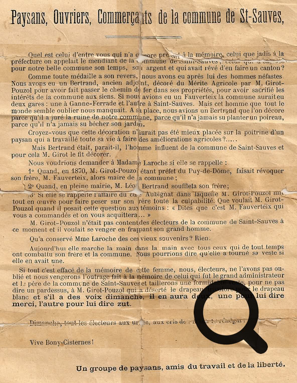 Document ancien avec texte en français, intitulé "Paysans, Ouvriers, Communards de la commune de St-Sauveur" en haut. Le texte est dense et imprimé sur un papier jauni et usé.