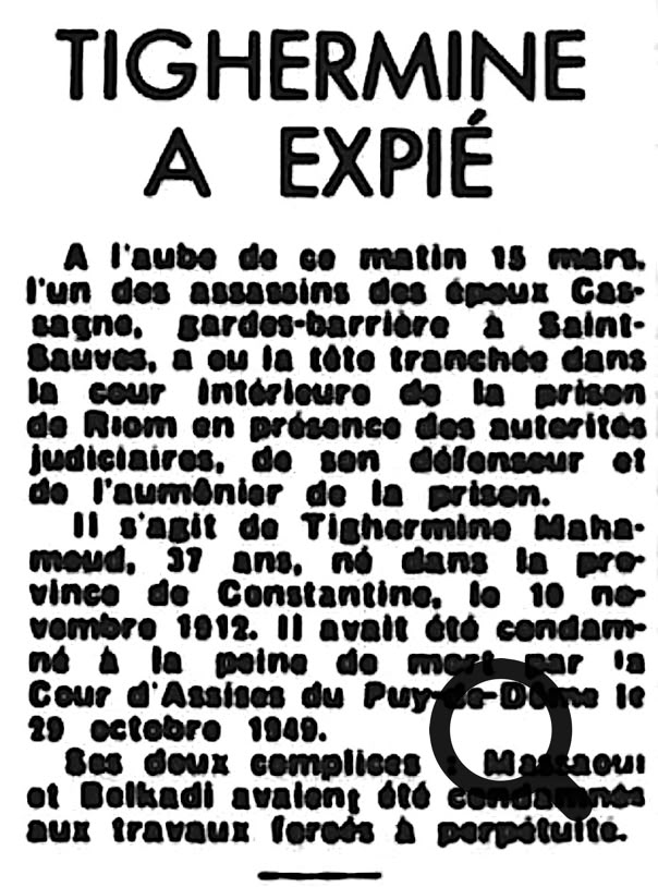 Texte en noir sur fond blanc décrivant l'exécution de Tighermine Mahmoud, mentionnant des détails sur le crime et la condamnation.