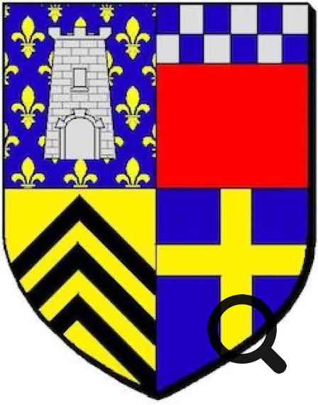 Blason avec quatre quartiers : une tour sur fond de fleurs de lys, un carré rouge avec bordure à damier, trois chevrons noirs sur fond jaune, et une croix jaune sur fond bleu.