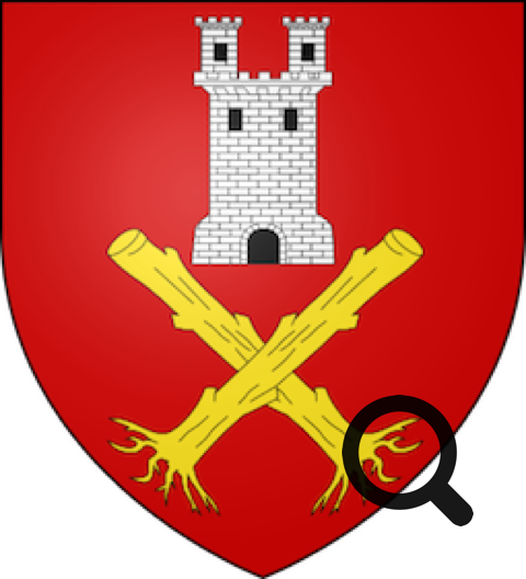 Blason rouge avec une tour blanche à deux tours et deux bâtons dorés croisés en dessous.