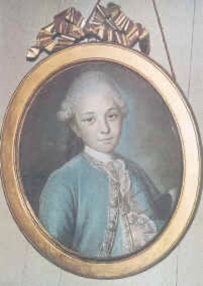 Portrait ovale d'une personne en tenue du XVIIIe siècle avec une veste bleue et une chemise à jabot, encadré par un cadre doré orné d'un nœud.