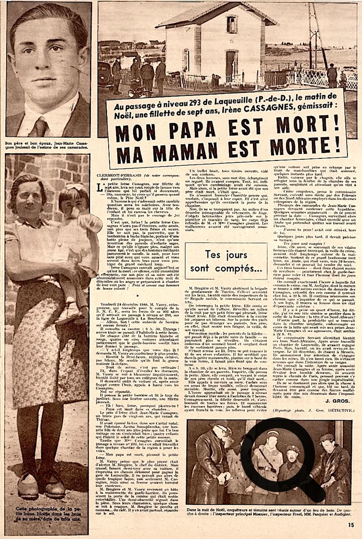 Page de journal avec texte en colonnes, plusieurs photos en noir et blanc, y compris une maison, une femme tenant un enfant, et un groupe de personnes.