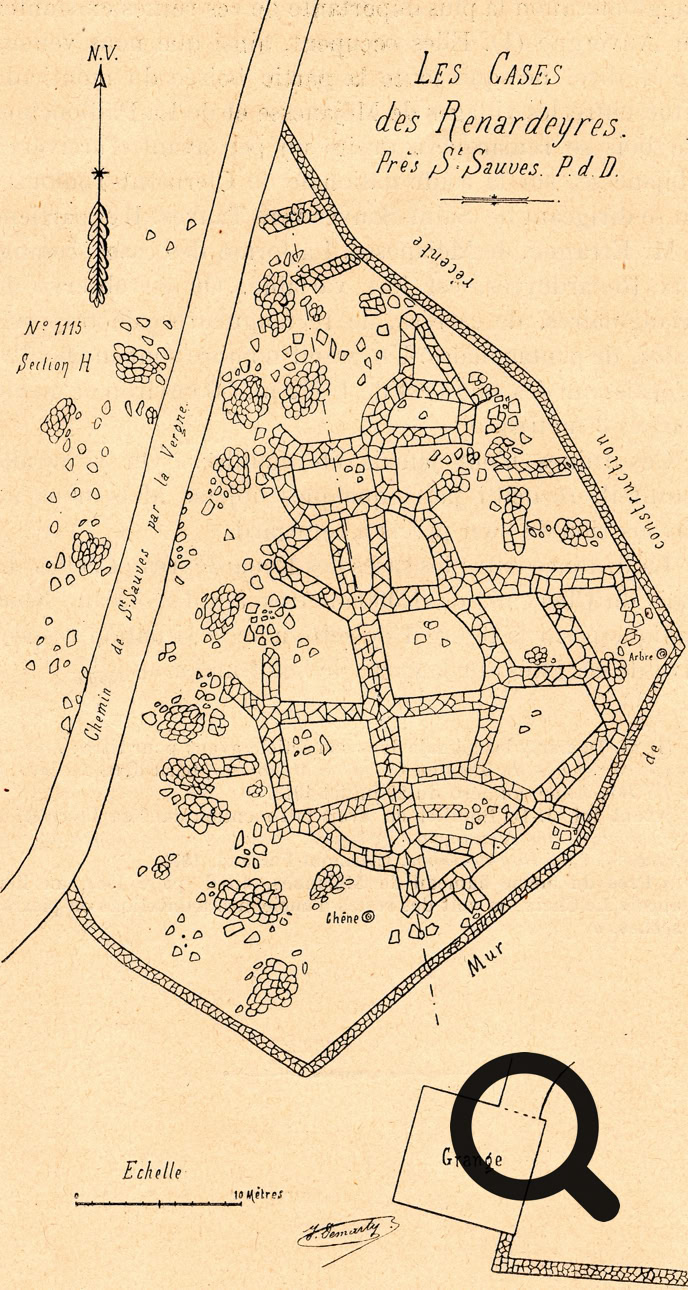 Carte ancienne montrant un plan de rues et de bâtiments entourés par des murs, avec des arbres et un cours d'eau à proximité.