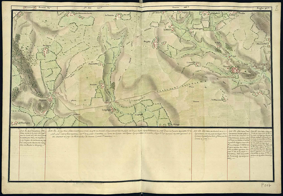 Carte ancienne avec des détails topographiques, montrant des rivières, des collines et des zones boisées, encadrée par une bordure noire.