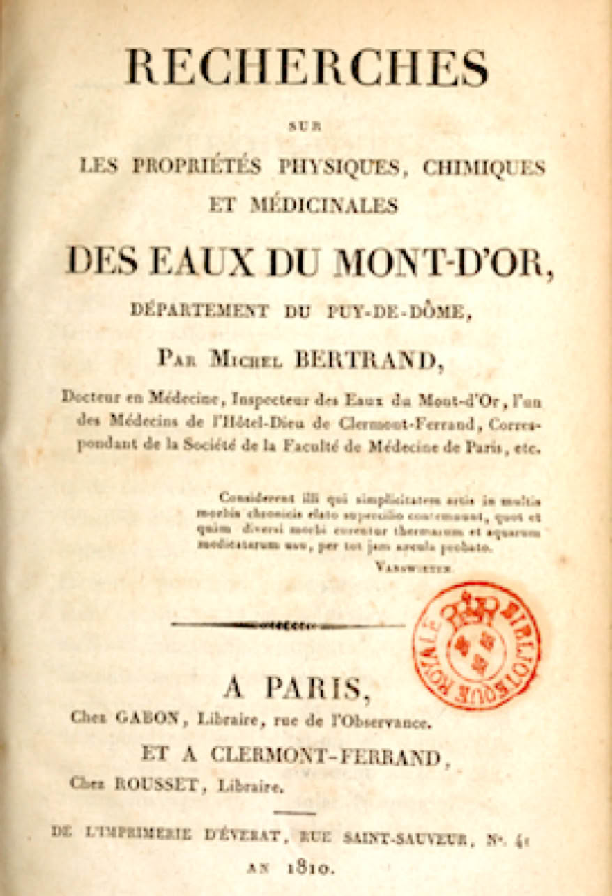 Page de titre d'un livre ancien avec texte en français, mentionnant des recherches sur les eaux du Mont-Doré, avec un sceau rouge en bas à droite.