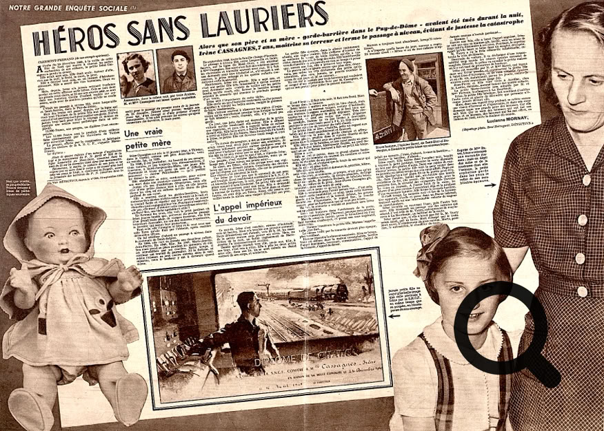 Une page de journal avec le titre "HÉROS SANS LAURIERS", contenant du texte et plusieurs photos en noir et blanc, dont une femme et une enfant au premier plan, et une poupée à gauche.