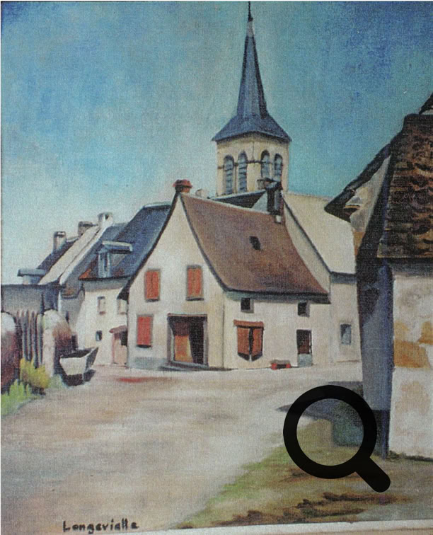 Peinture d'un village avec des maisons blanches et un clocher d'église sous un ciel bleu.