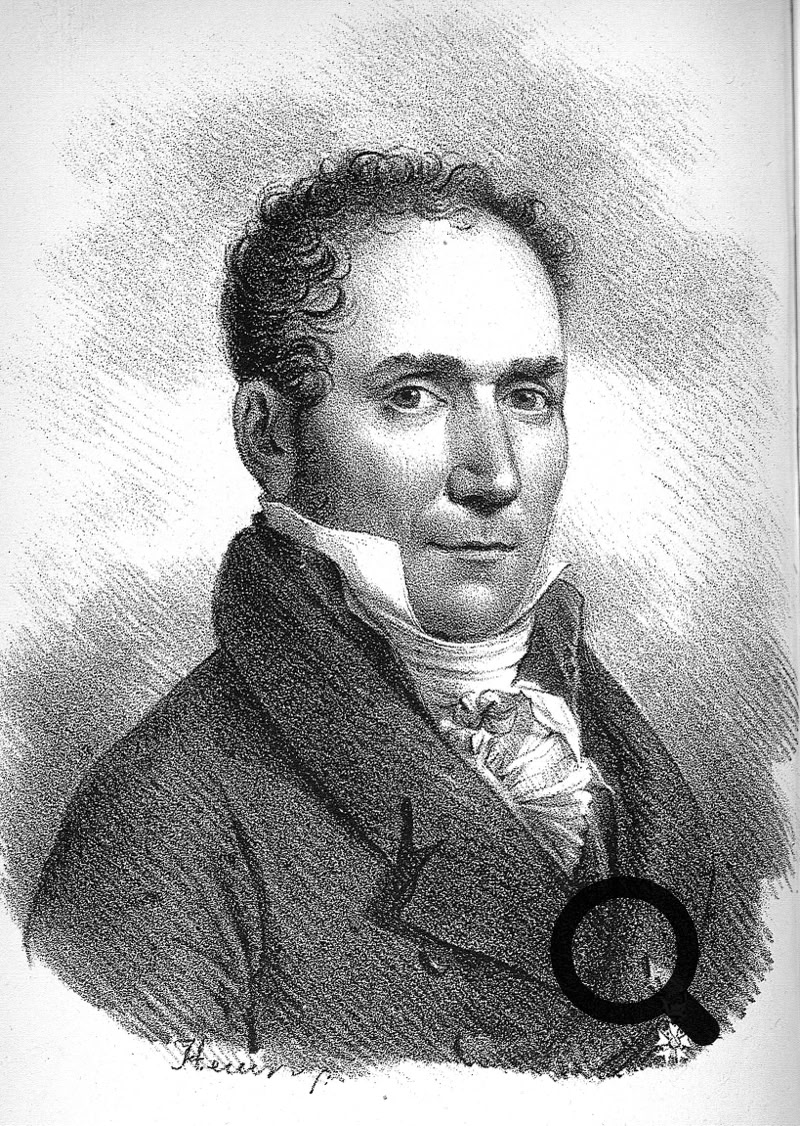 Gravure en noir et blanc de Michel Bertrand en costume du XIXe siècle avec une veste sombre et un col haut.