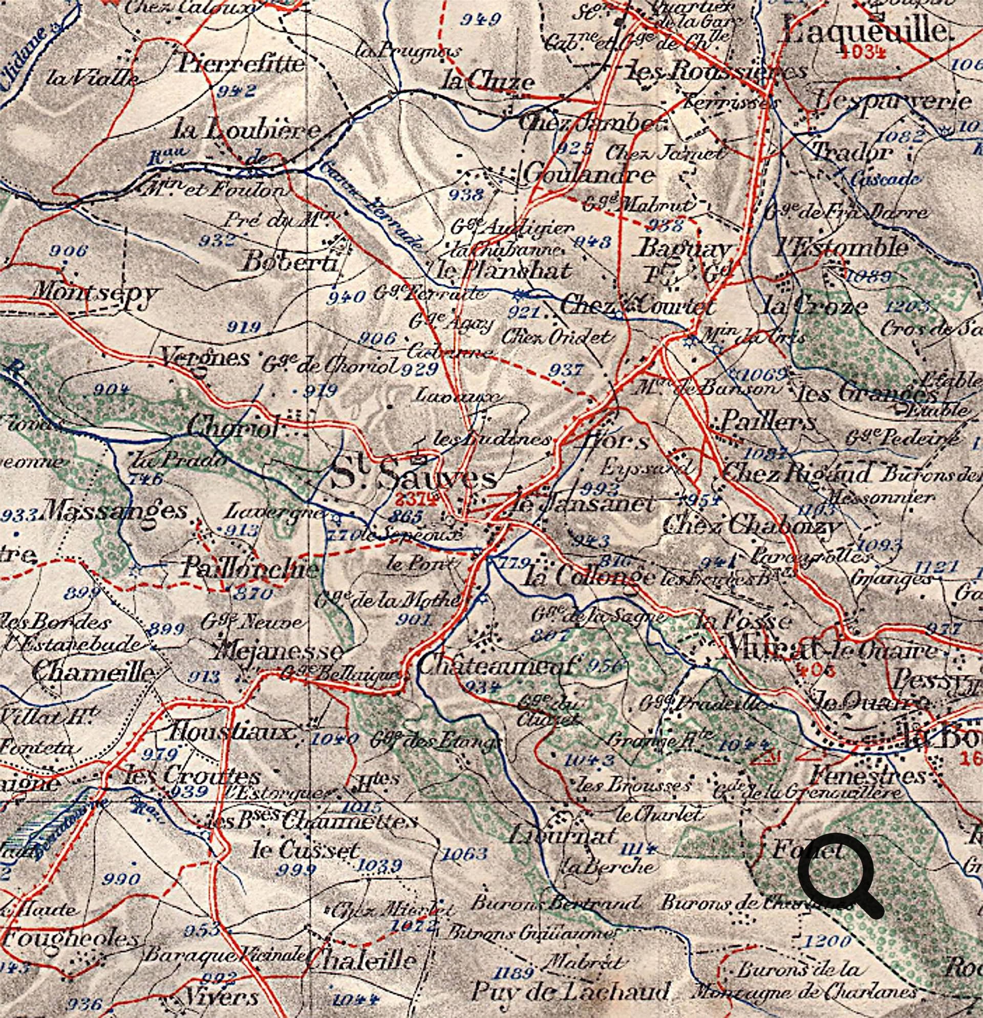 Carte topographique ancienne montrant des routes, des rivières et des noms de lieux avec des lignes rouges et bleues sur un fond beige.