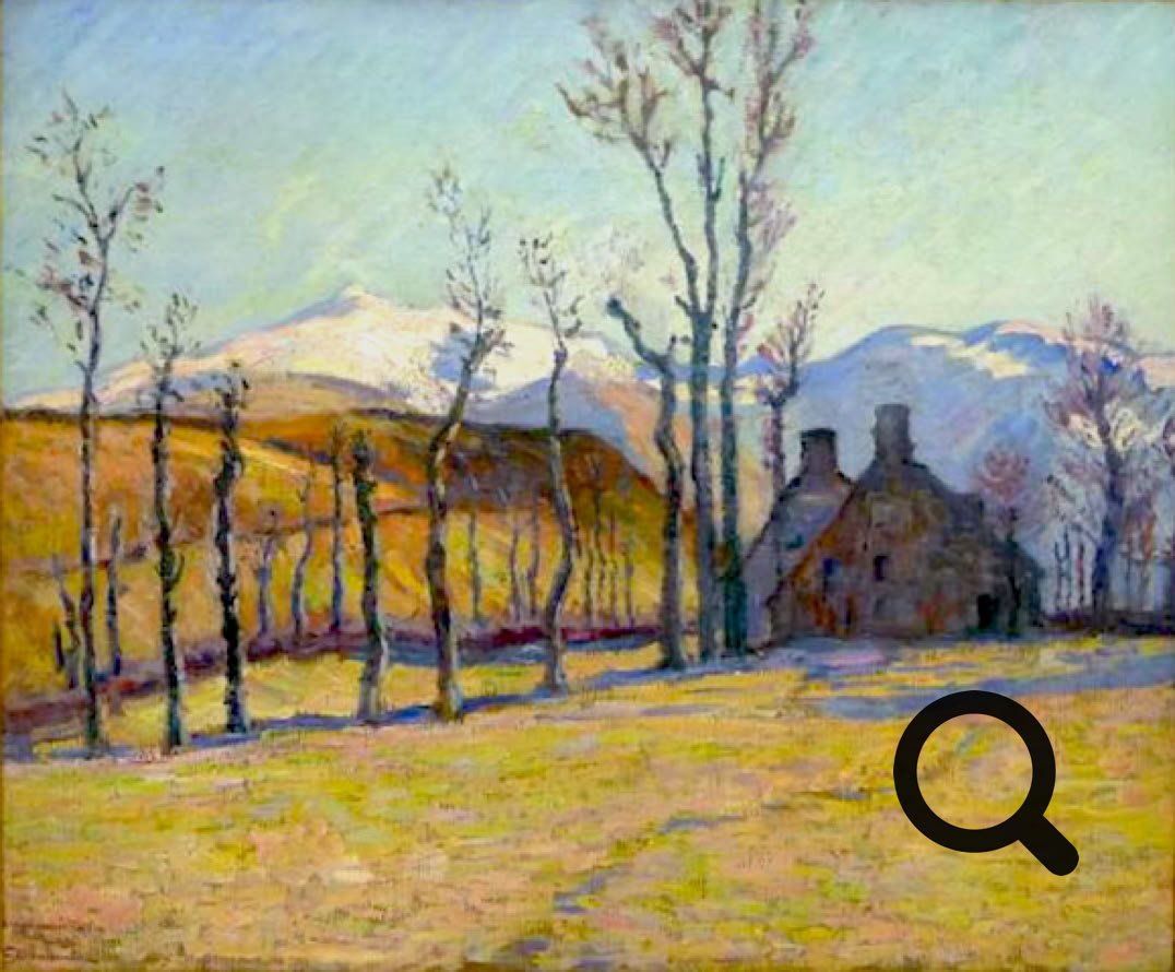 Paysage avec des arbres dénudés, une maison en pierre et des collines en arrière-plan sous un ciel bleu.