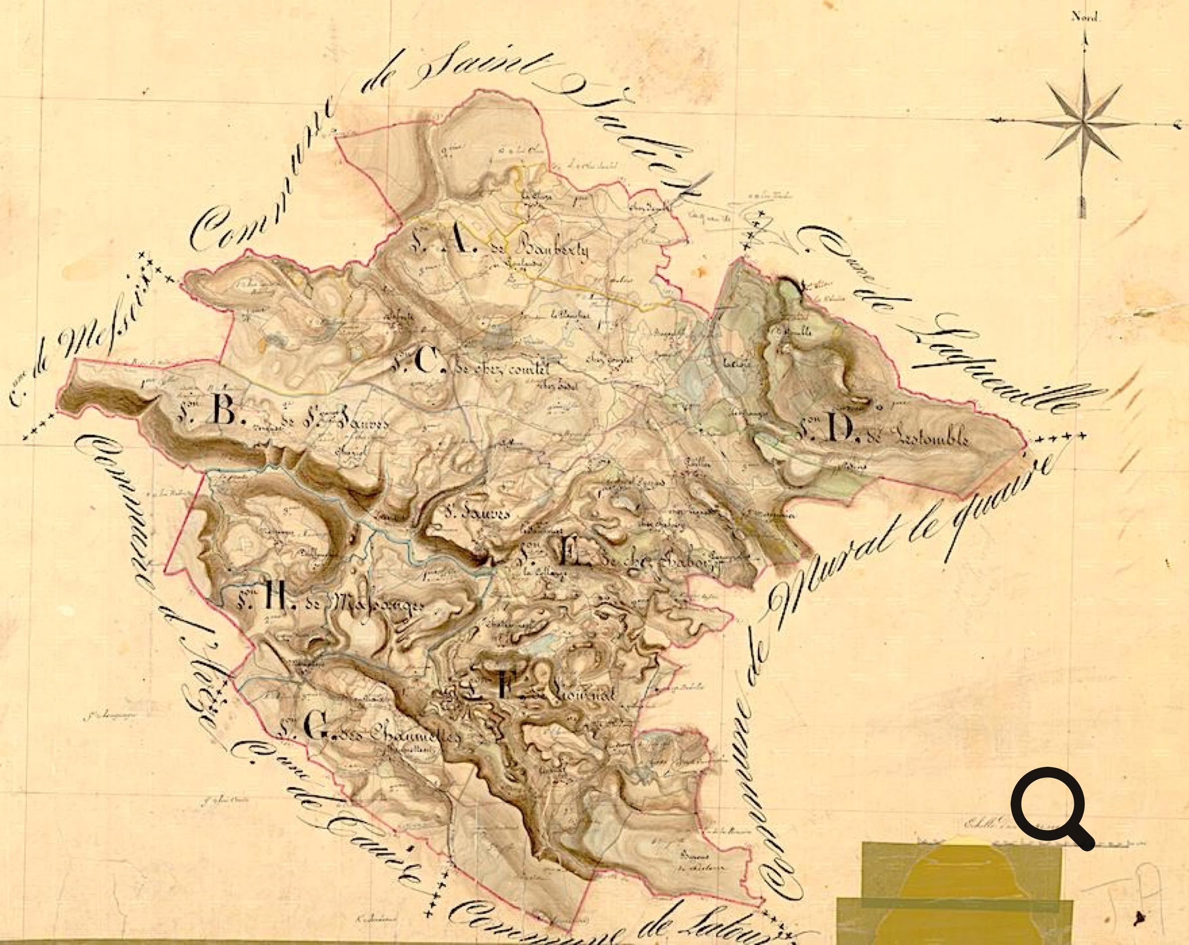 Carte ancienne dessinée à la main montrant une île avec des contours irréguliers, des montagnes, des rivières et des annotations. Une rose des vents est visible en haut à droite.