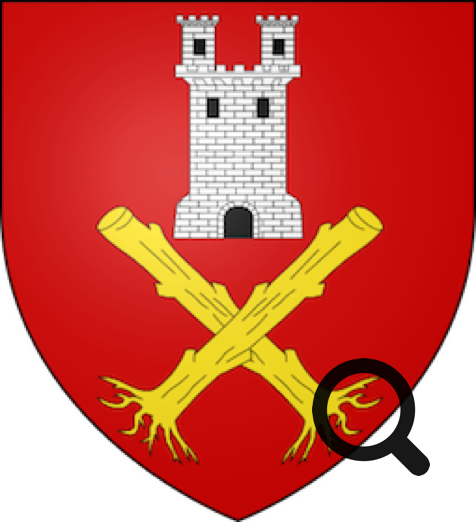 Blason rouge avec une tour blanche à deux tours et deux bâtons dorés croisés en dessous.